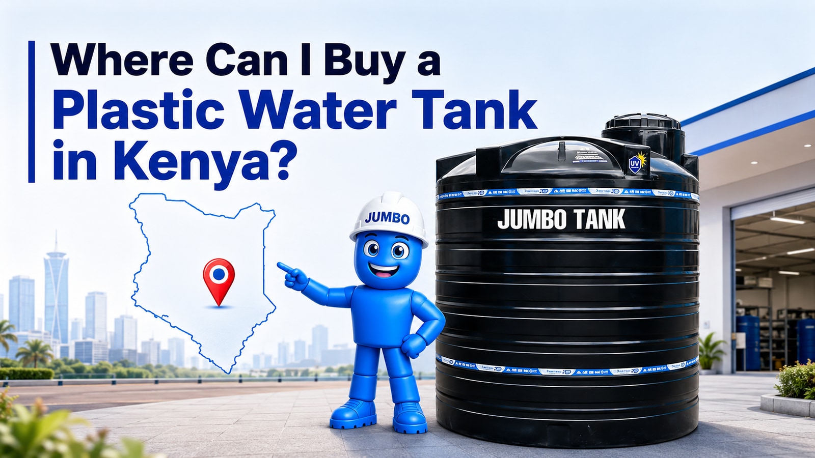 Where Can I Buy a Plastic Water Tank in Kenya? - a black Jumbo Tank outside a stockist, with an outline map of Kenya, a location pin and the Jumbo mascot.