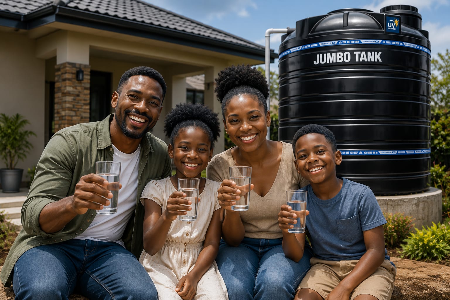 A family sitting on the steps of their home holding glasses of water, with a Jumbo Tank mounted on a plinth beside the house.