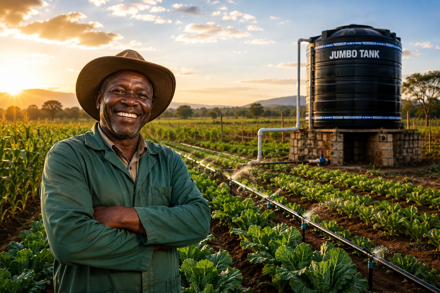 A farmer standing at the edge of a drip-irrigated vegetable field at sunrise, with a Jumbo Tank on a raised stone stand behind him.