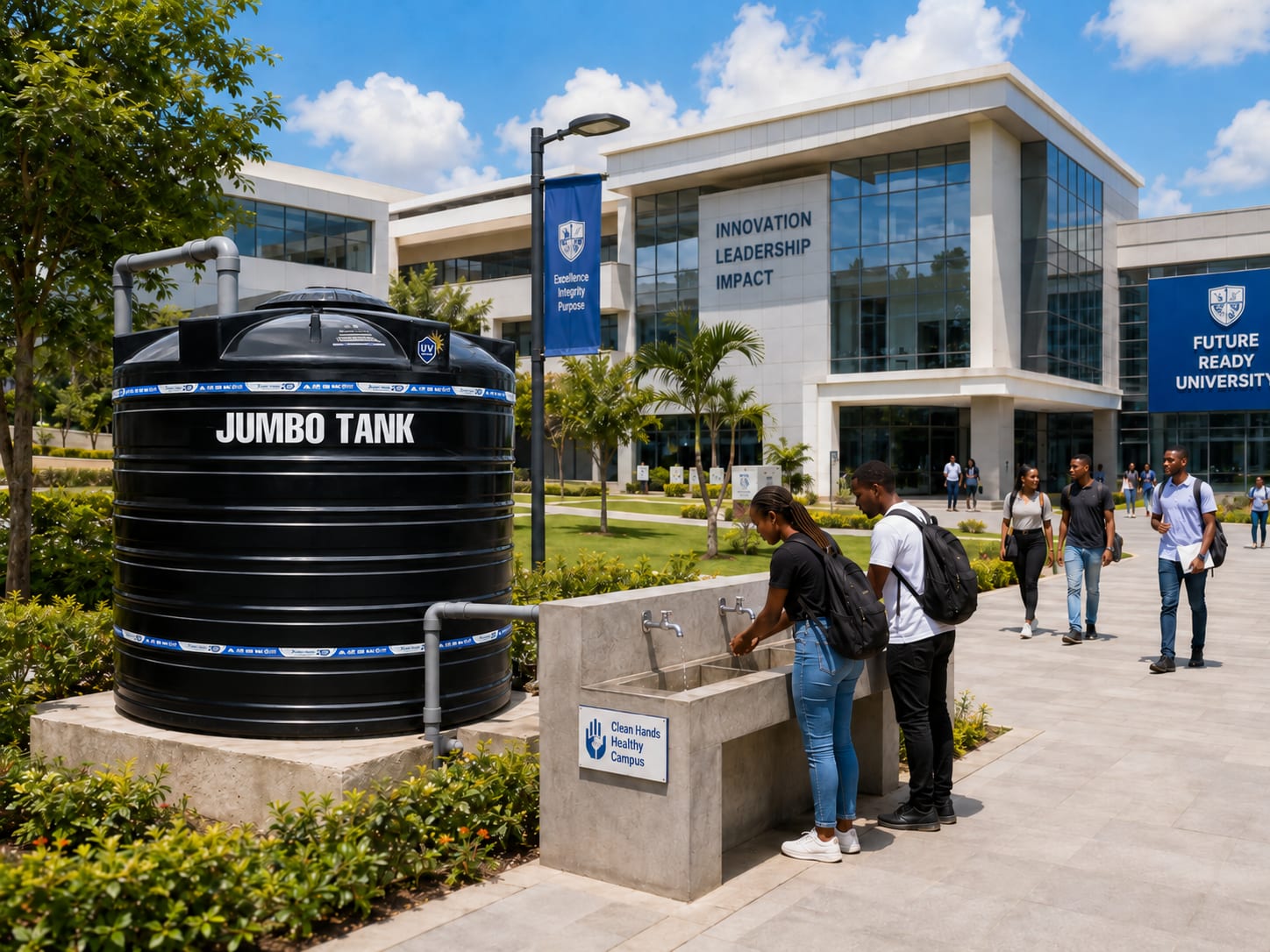 Students washing their hands at taps fed by a Jumbo Tank on a raised plinth, on a university campus.