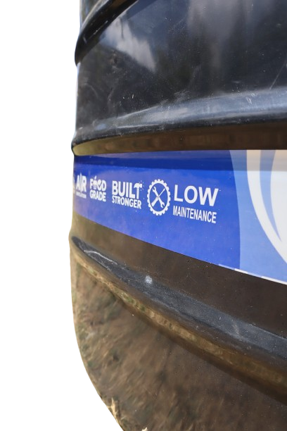 Close-up of a black Jumbo Tank with the printed spec band reading Air Ventilation, Food Grade, Built Stronger and Low Maintenance.