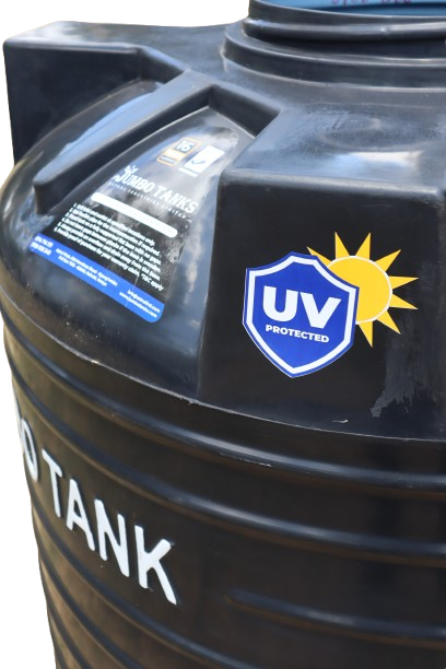 Close-up of the moulded shoulder of a black Jumbo Tank carrying a blue "UV Protected" shield decal, with the printed spec band below it.