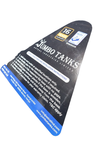 A Jumbo Tanks 16-year warranty card listing the installation terms, photographed against a plain background.