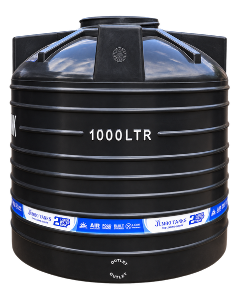 A 1,000 litre Jumbo Tank with the background removed, with "1000LTR" moulded into the ribbed black wall, the domed top and inlet, the printed product band around the body and the outlet marked at the base.