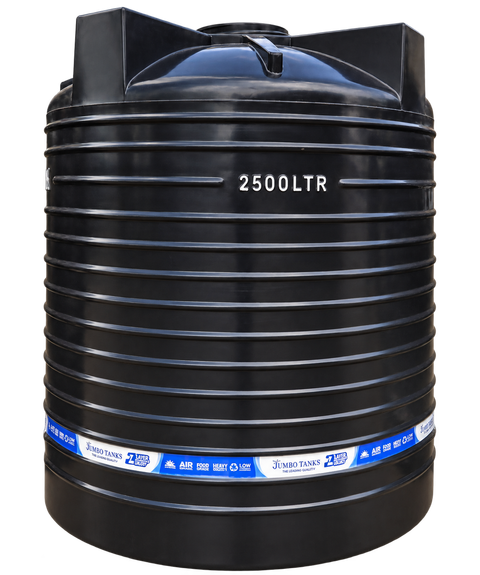 A 2,500 litre Jumbo Tank with the background removed, with "2500LTR" moulded into the ribbed black wall, the domed top above and the printed product band around the base.