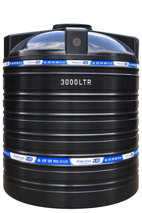 A 3,000 litre Jumbo Tank with the background removed, with "3000LTR" moulded into the ribbed black wall between two printed product bands, and the domed top and inlet above.