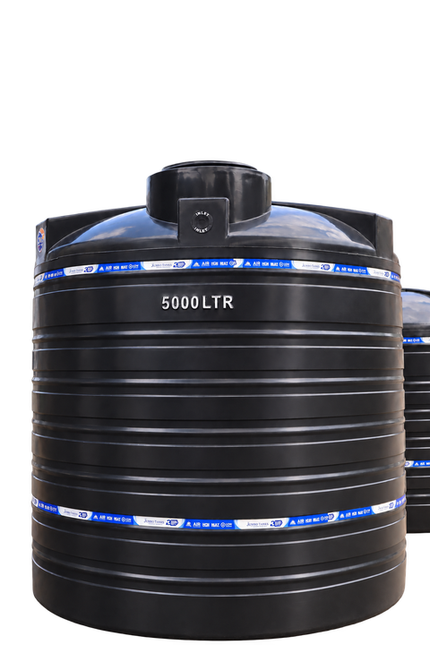 A 5,000 litre Jumbo Tank with the background removed, with "5000LTR" moulded into the ribbed black wall, the domed top and inlet, and two printed product bands around the body.