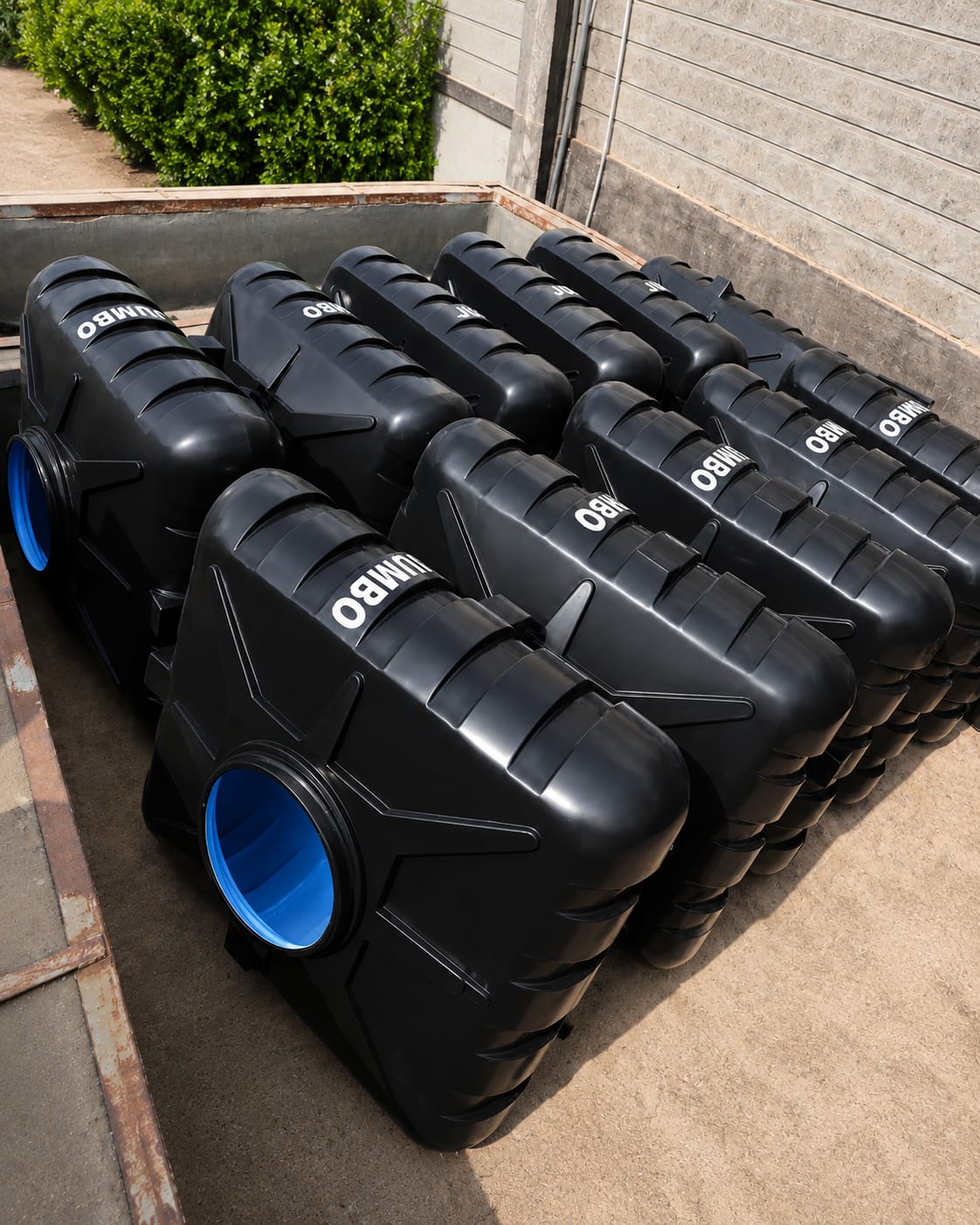 Black Jumbo loft tanks loaded on a truck bed, showing the slim profile and the blue-lined inlet collar at the end of each tank.